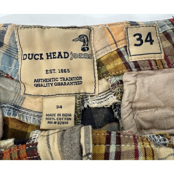 Vintage Duck Head Shorts Mens 34 Tan Madras Plaid Cotton Chino Patchwork Y2K - Picture 2 of 15